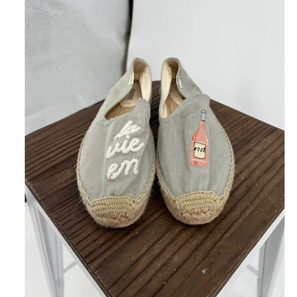 Soludos La Vie En Rose Espadrilles Sage Green Canvas Smoking Slippers 9.5